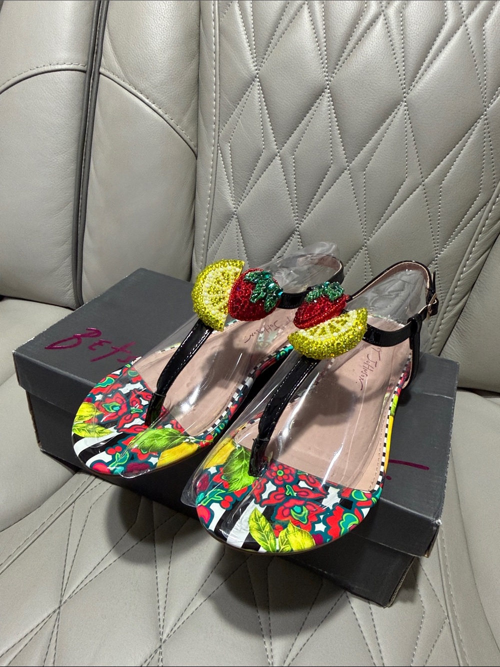 Colorful Floral T-Strap Sandals with Beaded Fruit Accents - Black/Multicolor